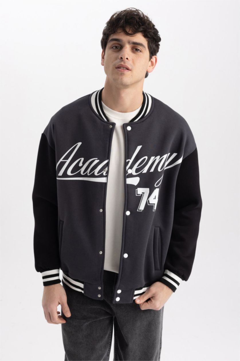 Erkek Antrasit Coool Baskılı Oversize Fit Kolej Yaka Bomber İçi Yumuşak Tüylü Hırka