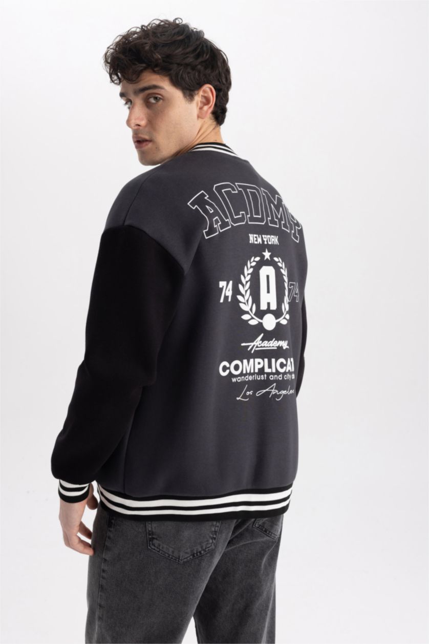 Erkek Antrasit Coool Baskılı Oversize Fit Kolej Yaka Bomber İçi Yumuşak Tüylü Hırka