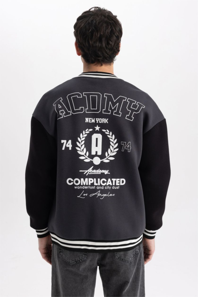 Erkek Antrasit Coool Baskılı Oversize Fit Kolej Yaka Bomber İçi Yumuşak Tüylü Hırka