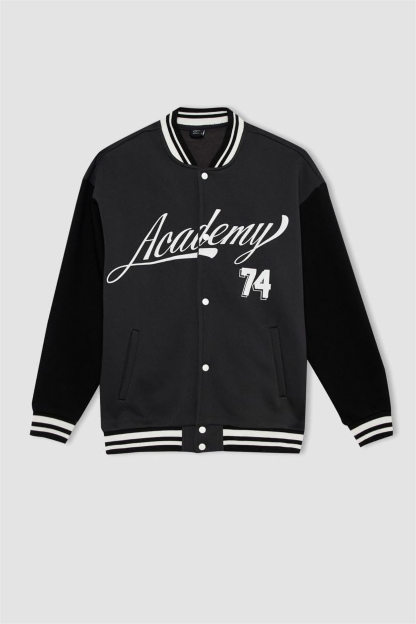 Erkek Antrasit Coool Baskılı Oversize Fit Kolej Yaka Bomber İçi Yumuşak Tüylü Hırka