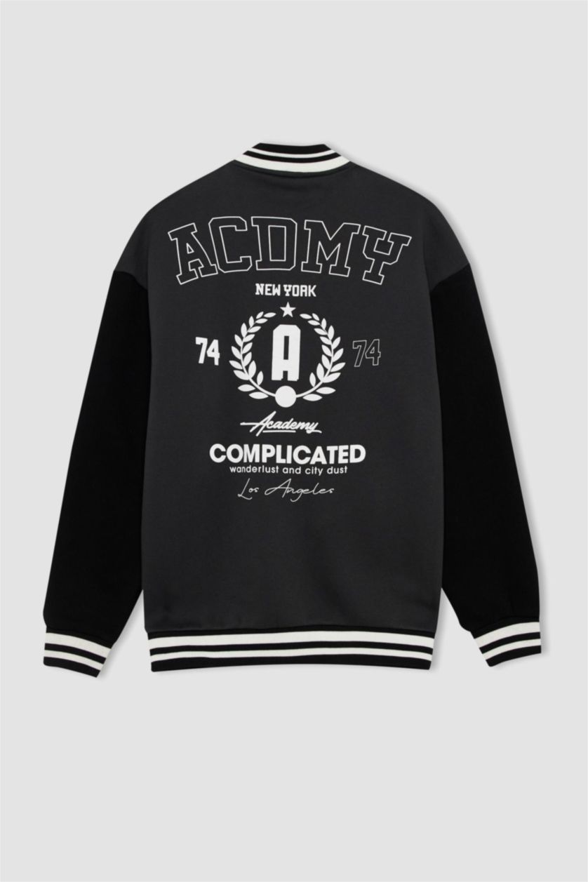 Erkek Antrasit Coool Baskılı Oversize Fit Kolej Yaka Bomber İçi Yumuşak Tüylü Hırka