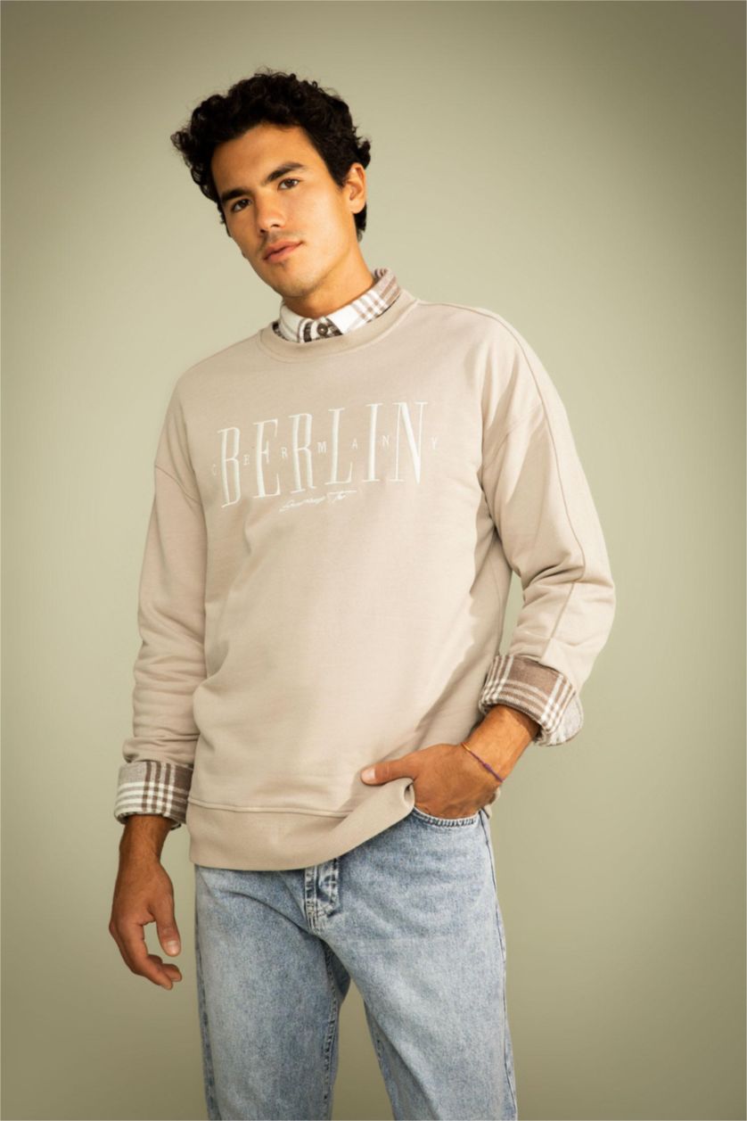 HOMME Beige Sweat- Shirt Coupe confort Col rond Manche Longue