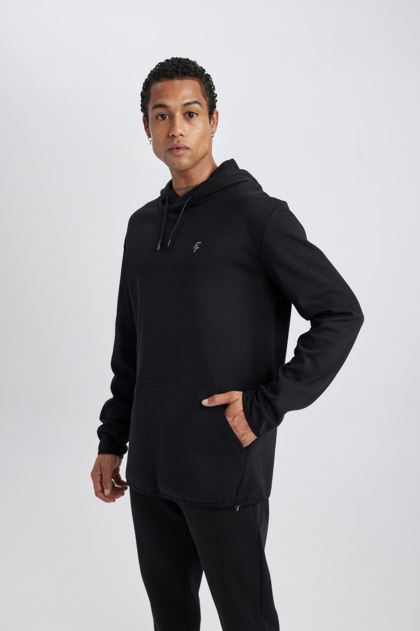 Man Black DeFactoFit Standard Fit Hooded Pocket Sweatshirt