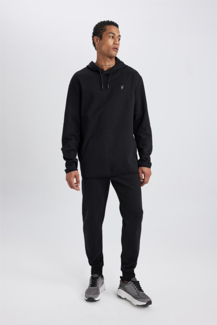 Man Black DeFactoFit Standard Fit Hooded Pocket Sweatshirt
