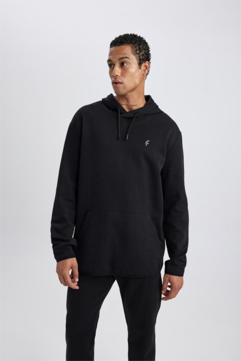 Man Black DeFactoFit Standard Fit Hooded Pocket Sweatshirt