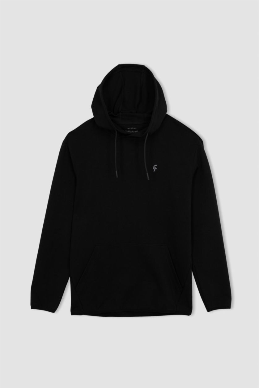 Man Black DeFactoFit Standard Fit Hooded Pocket Sweatshirt