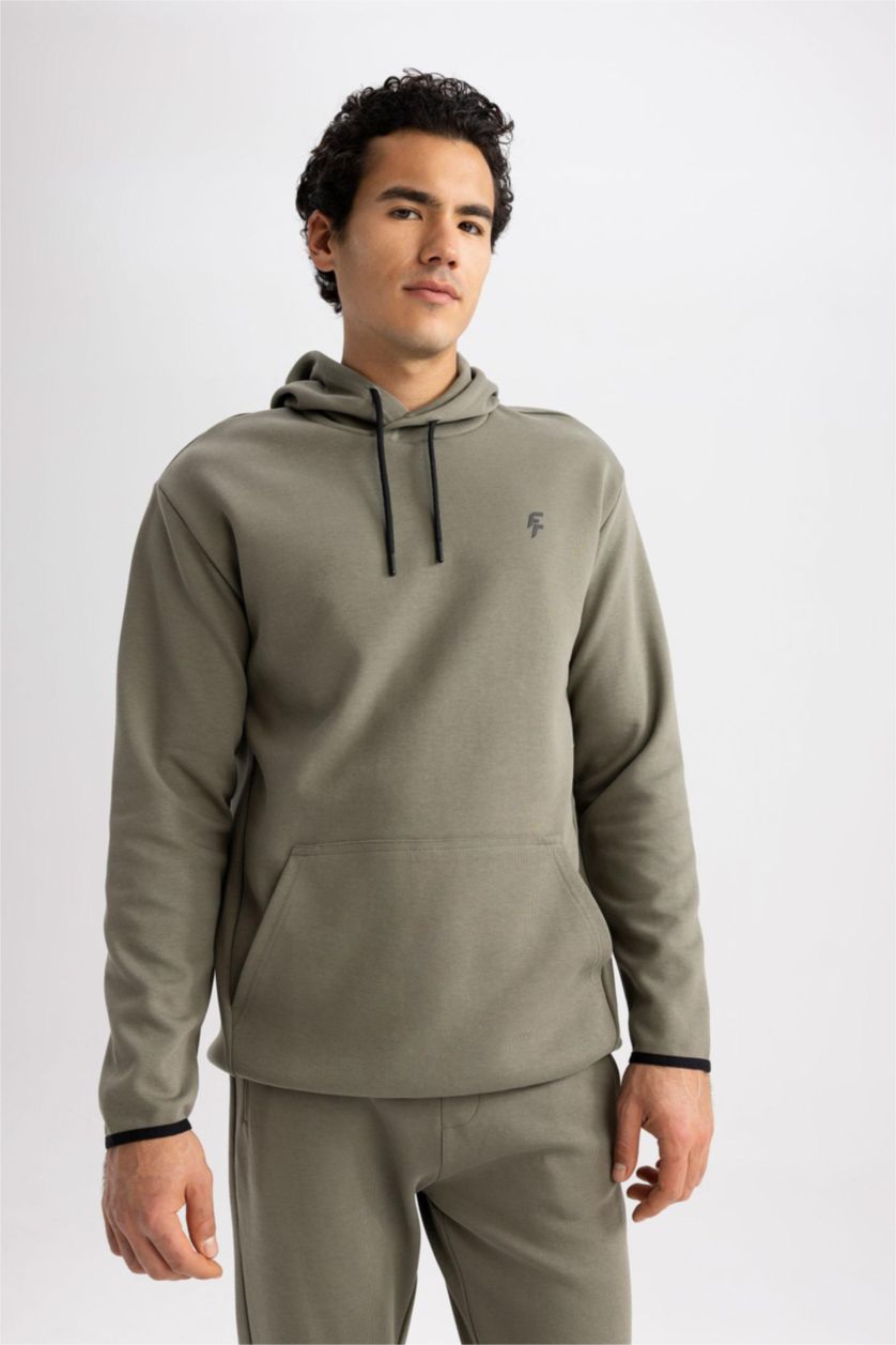 رجال كاكي فاتح سويت شيرت قصة عادية وغطاء للرأس بجيب