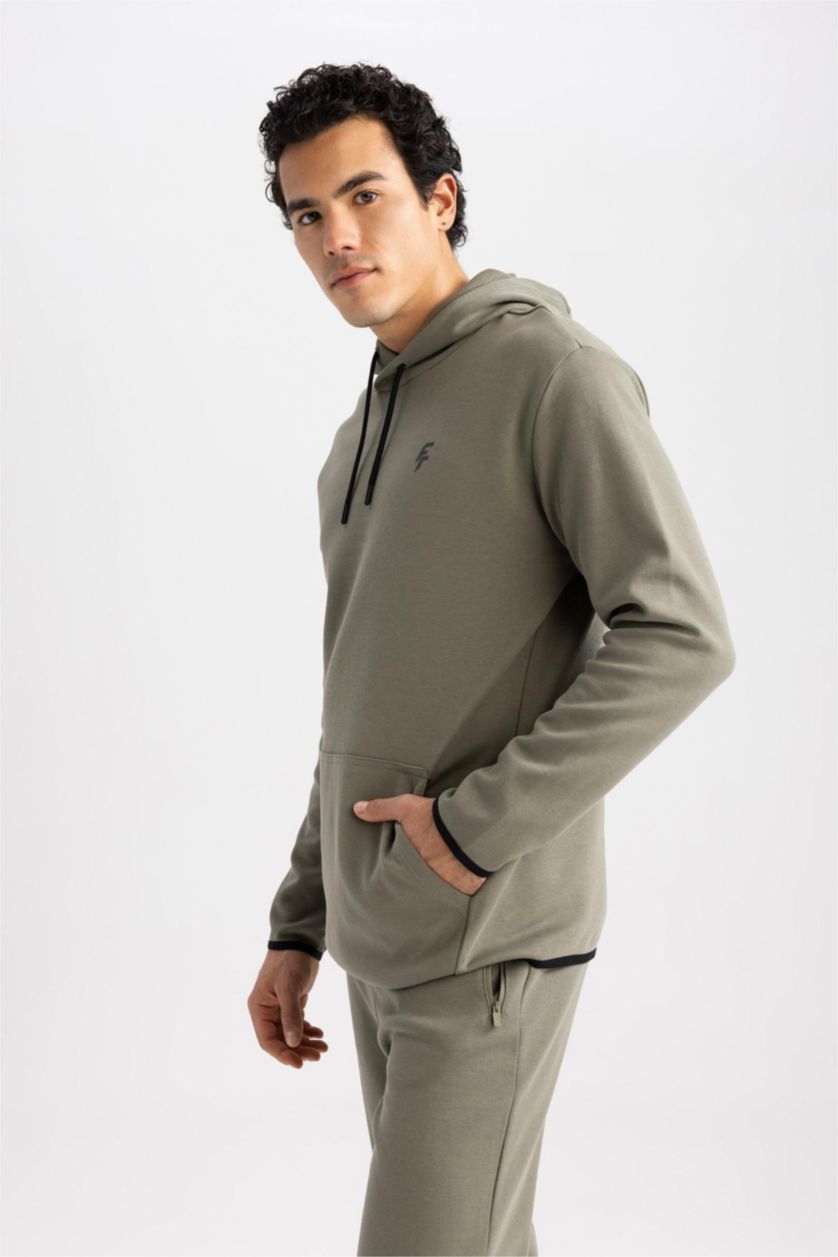 رجال كاكي فاتح سويت شيرت قصة عادية وغطاء للرأس بجيب