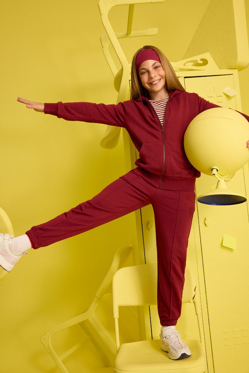 Kız Çocuk - Genç Kız Bordo Beli Lastikli Basic Düz Okul Jogger Eşofman Altı Kız Çocuk