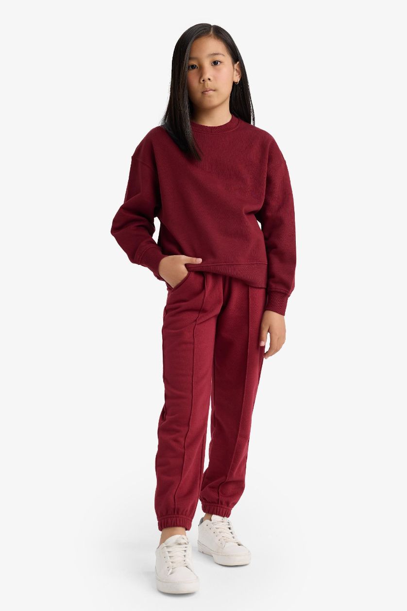 Kız Çocuk - Genç Kız Bordo Beli Lastikli Basic Düz Okul Jogger Eşofman Altı Kız Çocuk