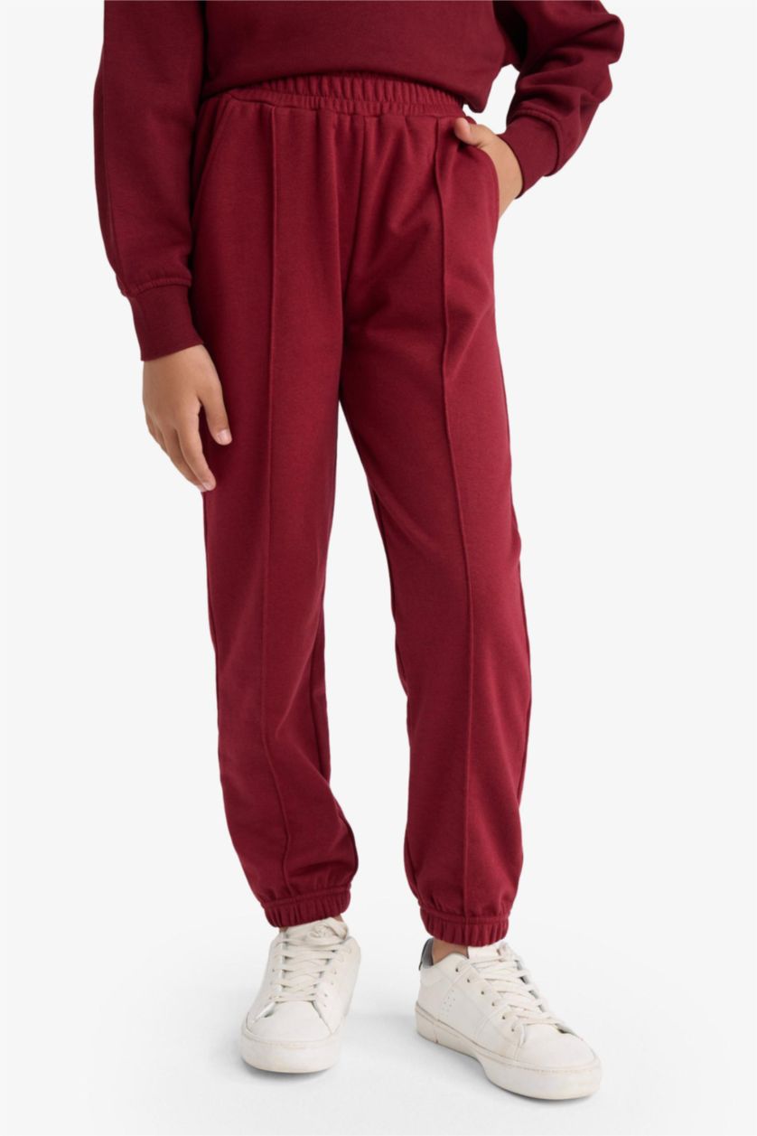 Kız Çocuk - Genç Kız Bordo Beli Lastikli Basic Düz Okul Jogger Eşofman Altı Kız Çocuk