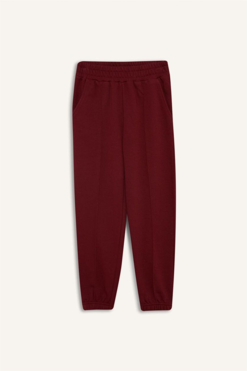 Kız Çocuk - Genç Kız Bordo Beli Lastikli Basic Düz Okul Jogger Eşofman Altı Kız Çocuk