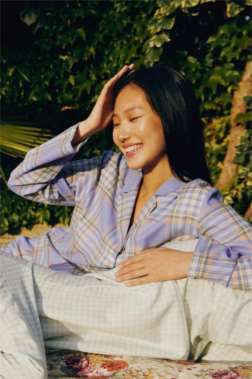 نساء أزرق سيت كاروهات قصة عادية كم طويل من قطعتين