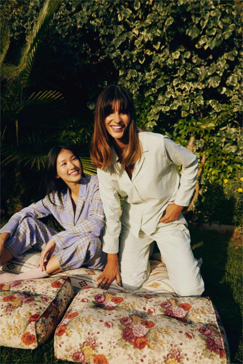 نساء أزرق سيت كاروهات قصة عادية كم طويل من قطعتين