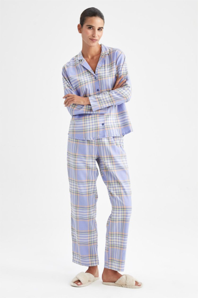 نساء أزرق سيت كاروهات قصة عادية كم طويل من قطعتين