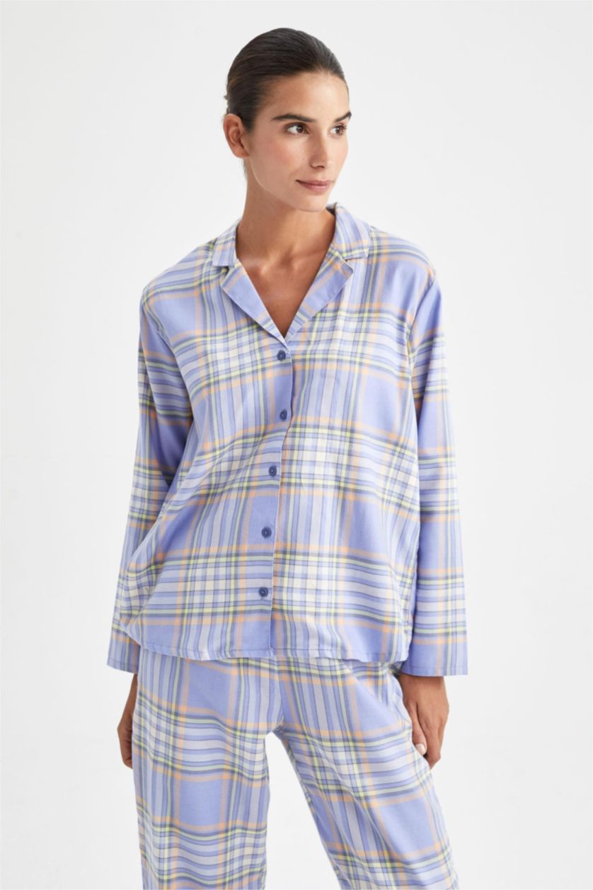 نساء أزرق سيت كاروهات قصة عادية كم طويل من قطعتين