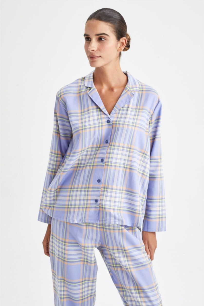 نساء أزرق سيت كاروهات قصة عادية كم طويل من قطعتين