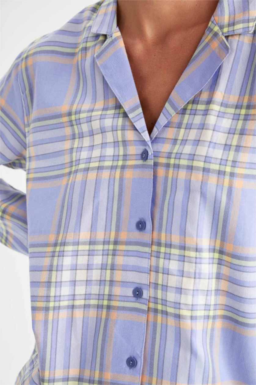 نساء أزرق سيت كاروهات قصة عادية كم طويل من قطعتين