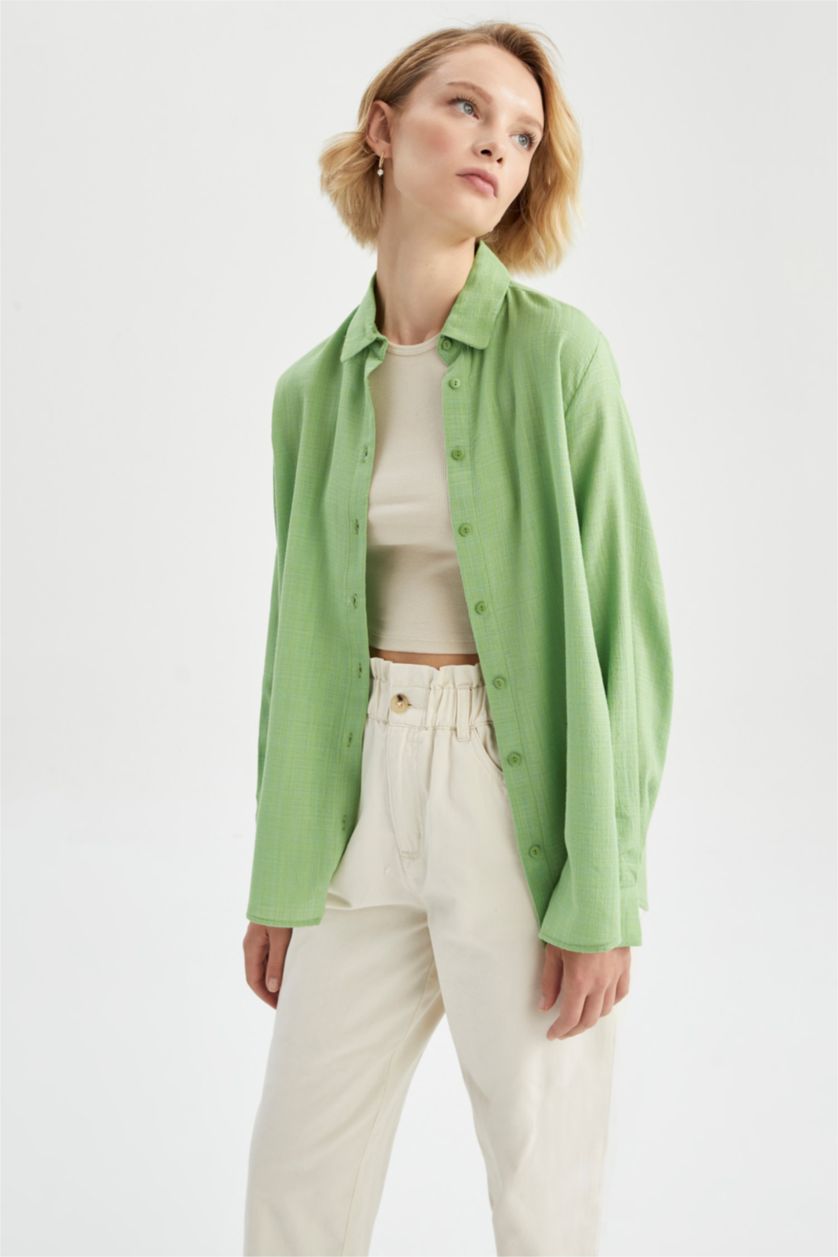 FEMME Vert Chemise à manches longues en coton à col chemise ample