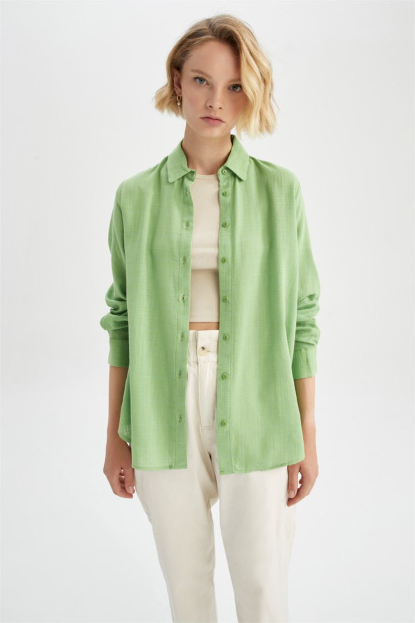 FEMME Vert Chemise à manches longues en coton à col chemise ample