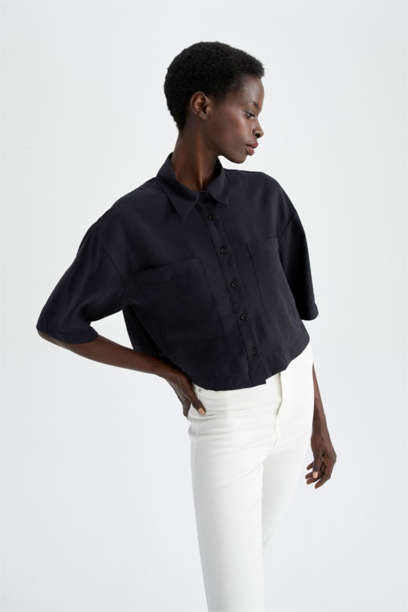 FEMME Noir Chemises à manches courtes Tencel Col De Chemise Avec Poche