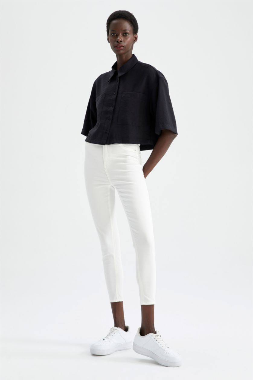 FEMME Noir Chemises à manches courtes Tencel Col De Chemise Avec Poche