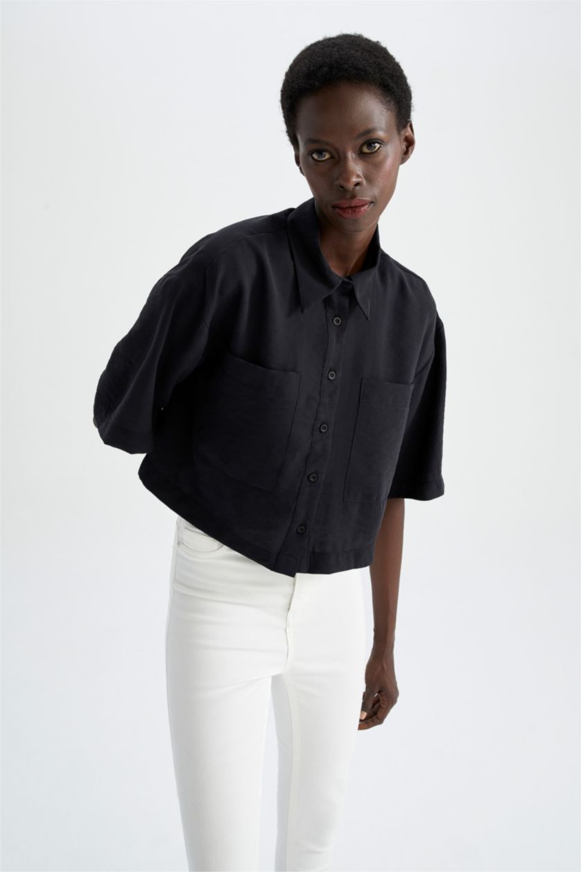 FEMME Noir Chemises à manches courtes Tencel Col De Chemise Avec Poche