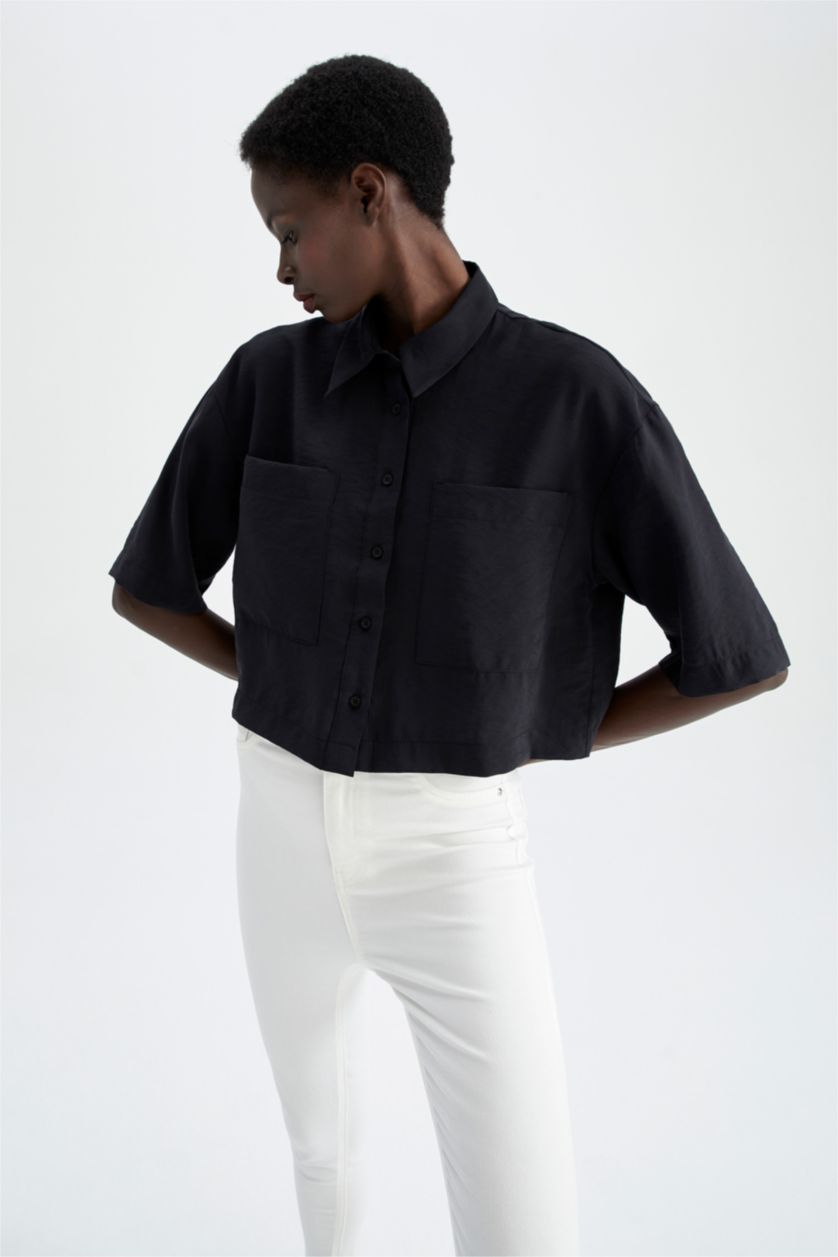 FEMME Noir Chemises à manches courtes Tencel Col De Chemise Avec Poche