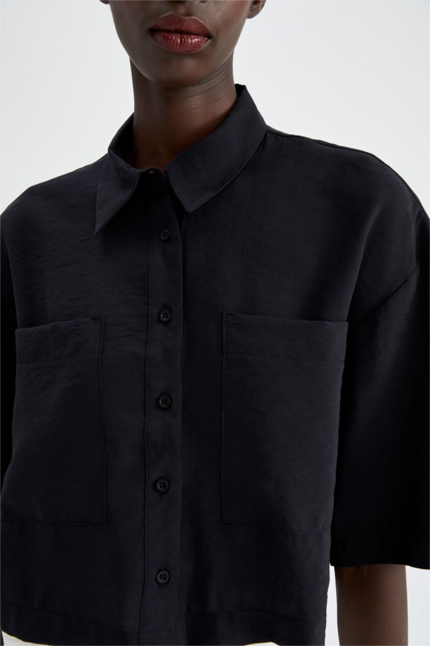 FEMME Noir Chemises à manches courtes Tencel Col De Chemise Avec Poche