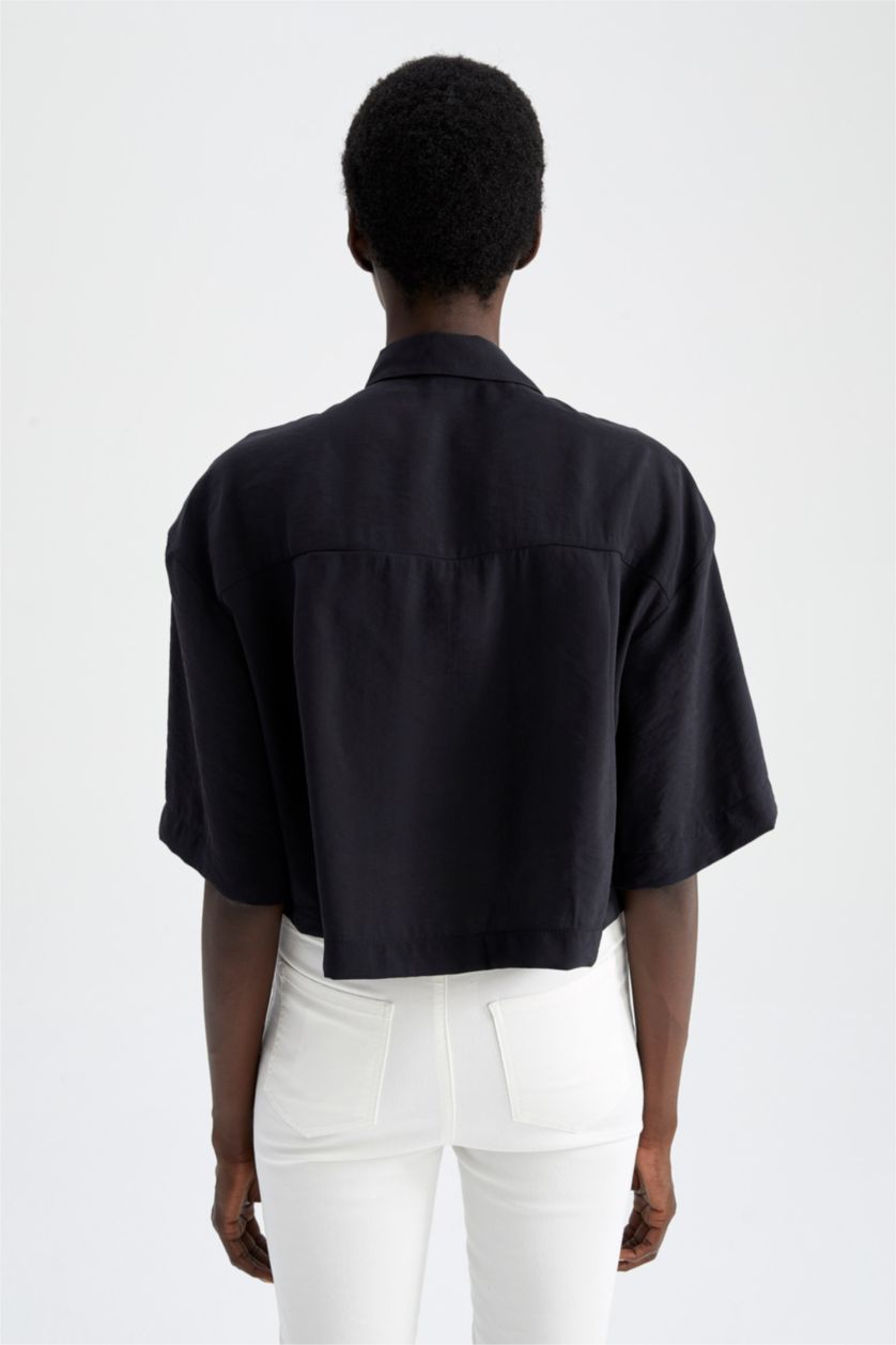 FEMME Noir Chemises à manches courtes Tencel Col De Chemise Avec Poche