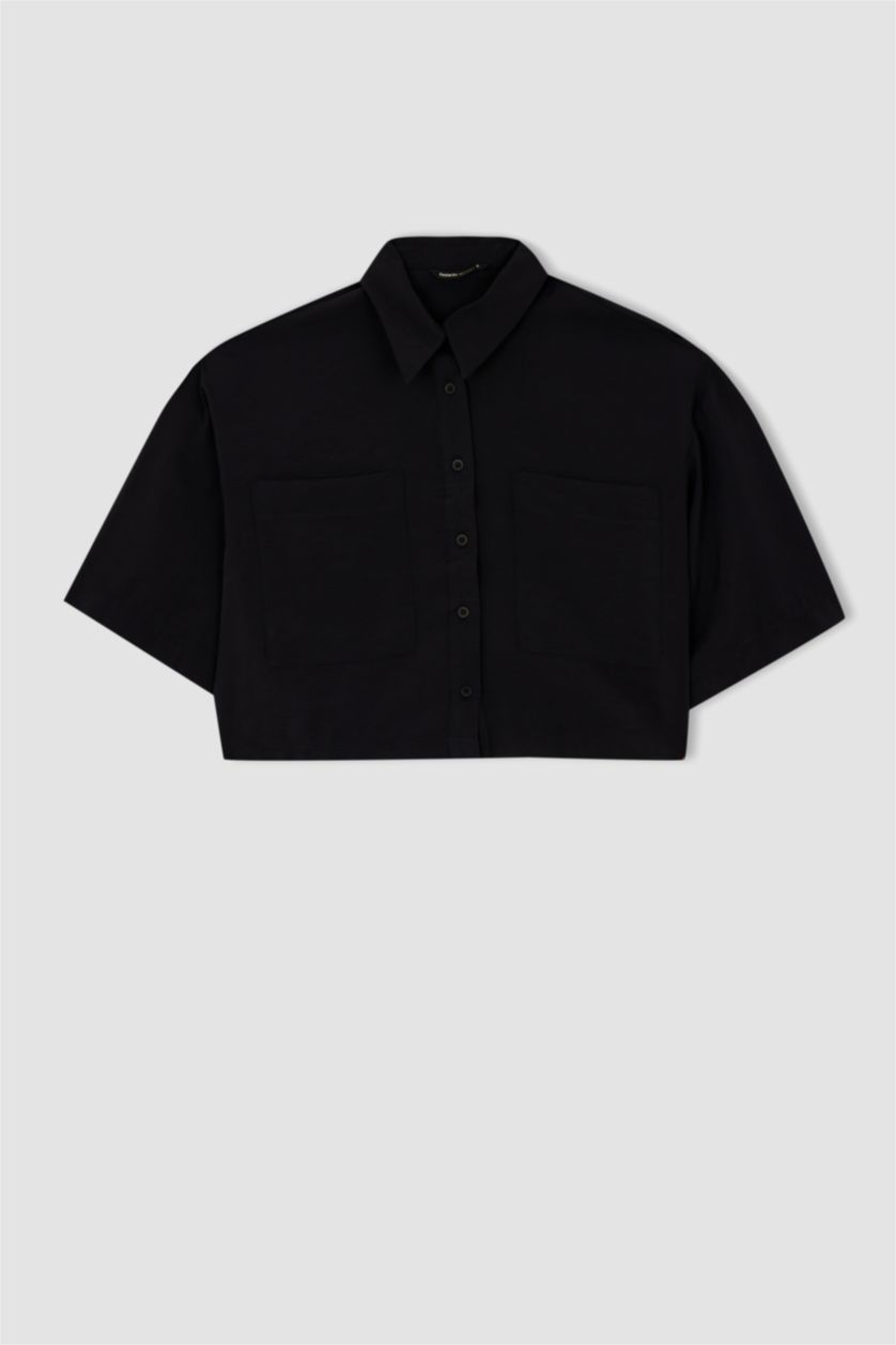 FEMME Noir Chemises à manches courtes Tencel Col De Chemise Avec Poche