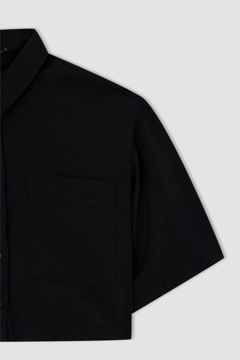 FEMME Noir Chemises à manches courtes Tencel Col De Chemise Avec Poche