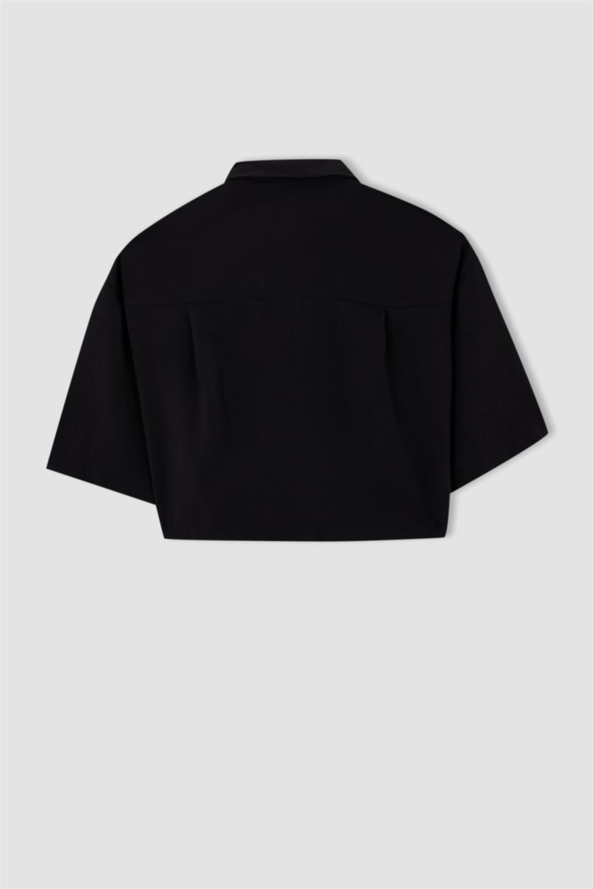 FEMME Noir Chemises à manches courtes Tencel Col De Chemise Avec Poche