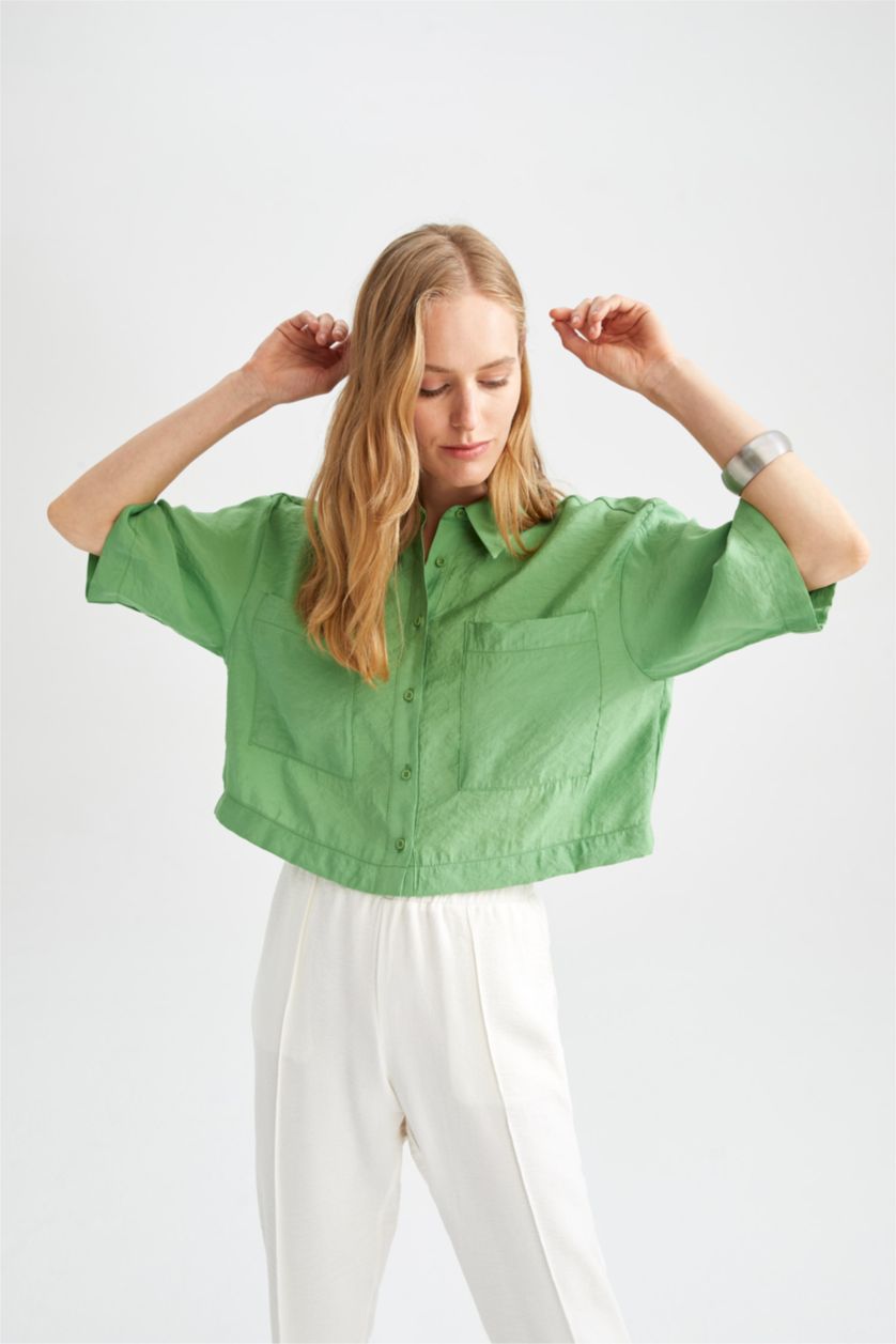 FEMME Vert Chemises à manches courtes Tencel Col De Chemise Avec Poche