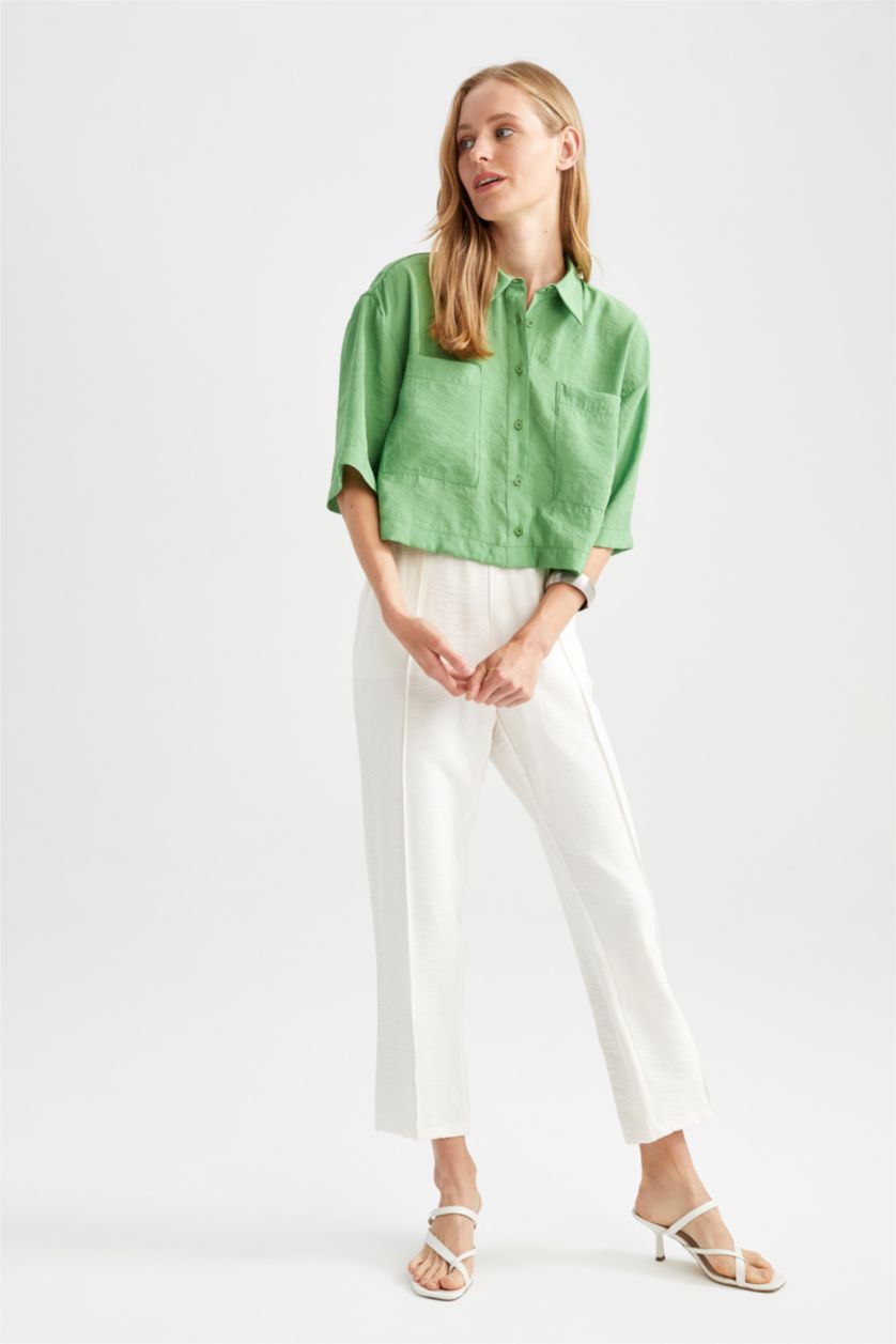 FEMME Vert Chemises à manches courtes Tencel Col De Chemise Avec Poche