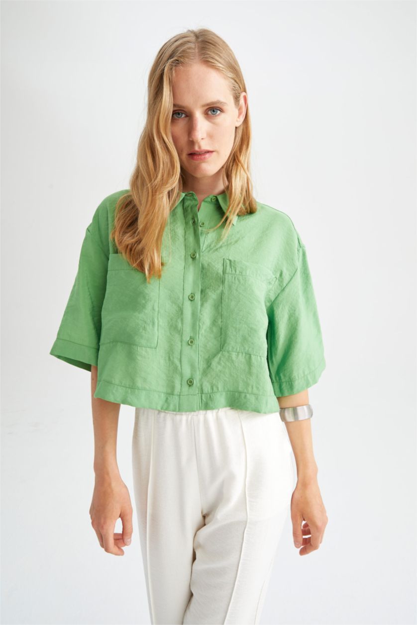 FEMME Vert Chemises à manches courtes Tencel Col De Chemise Avec Poche