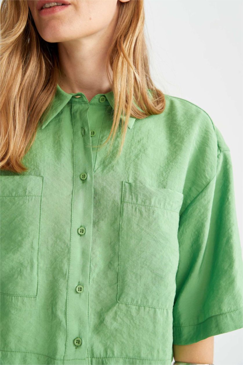 FEMME Vert Chemises à manches courtes Tencel Col De Chemise Avec Poche