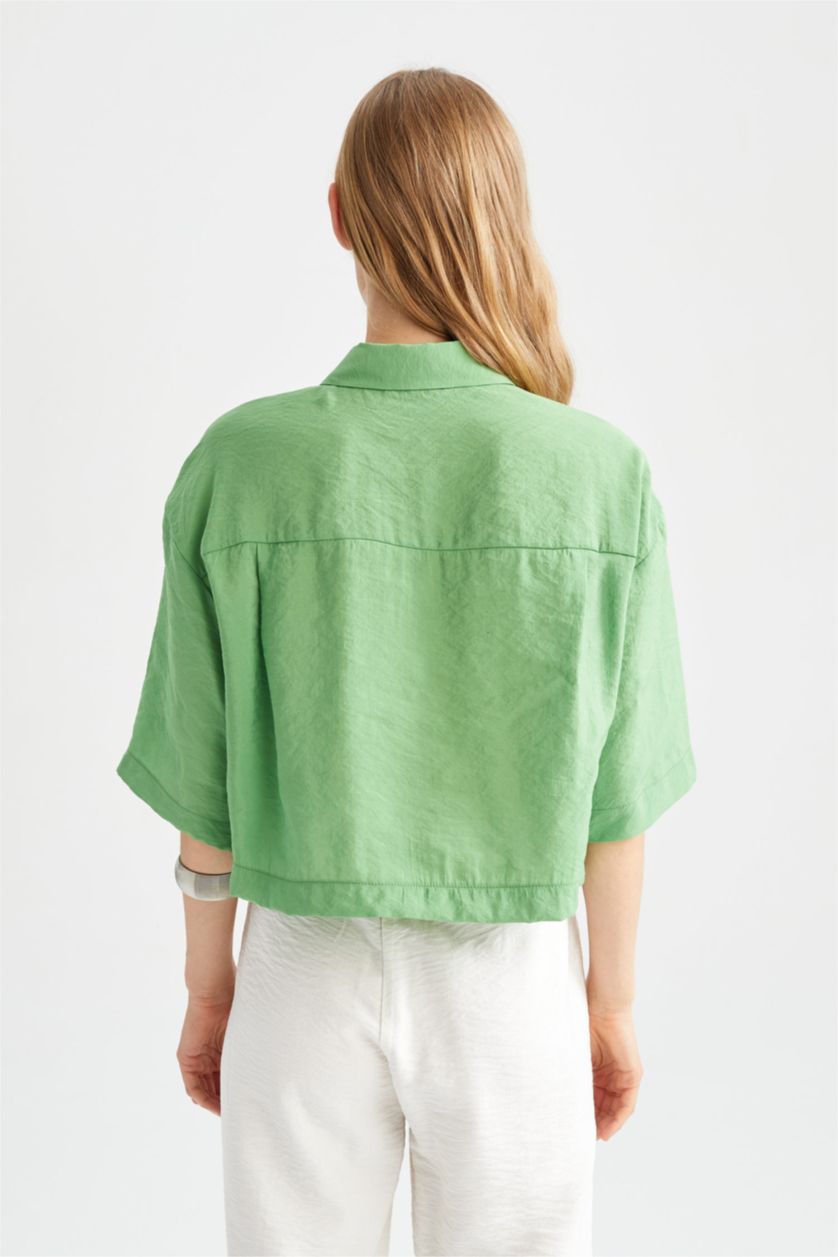 FEMME Vert Chemises à manches courtes Tencel Col De Chemise Avec Poche