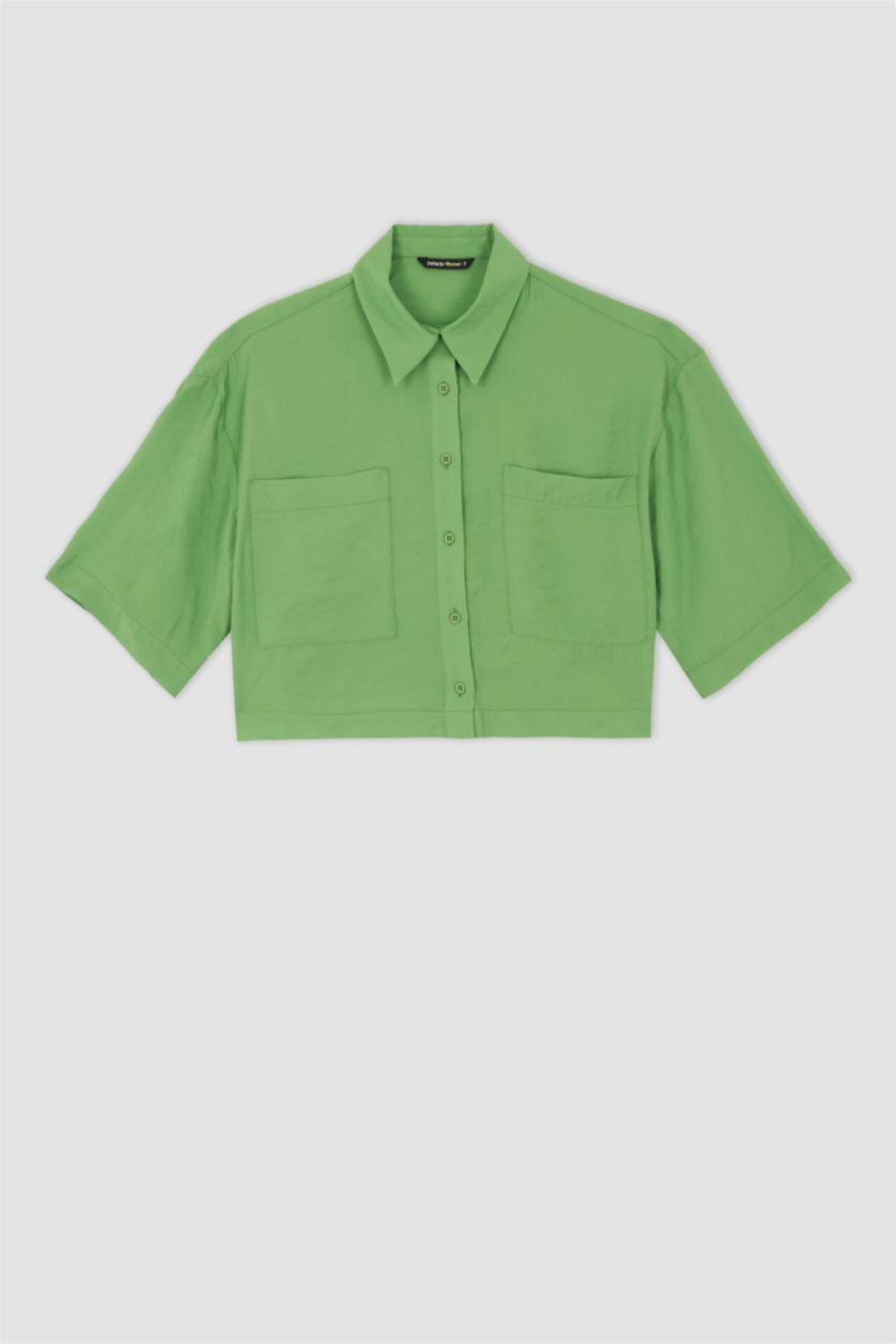 FEMME Vert Chemises à manches courtes Tencel Col De Chemise Avec Poche