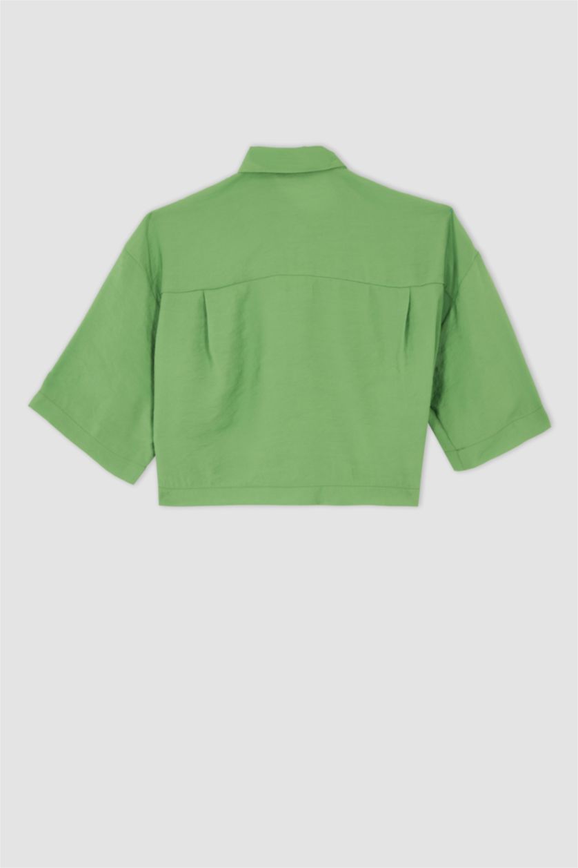 FEMME Vert Chemises à manches courtes Tencel Col De Chemise Avec Poche