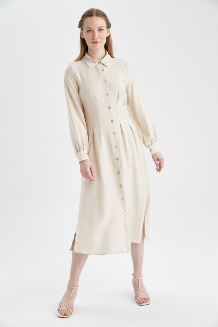 FEMME Beige Robe longue coupe classique à col chemise et fente