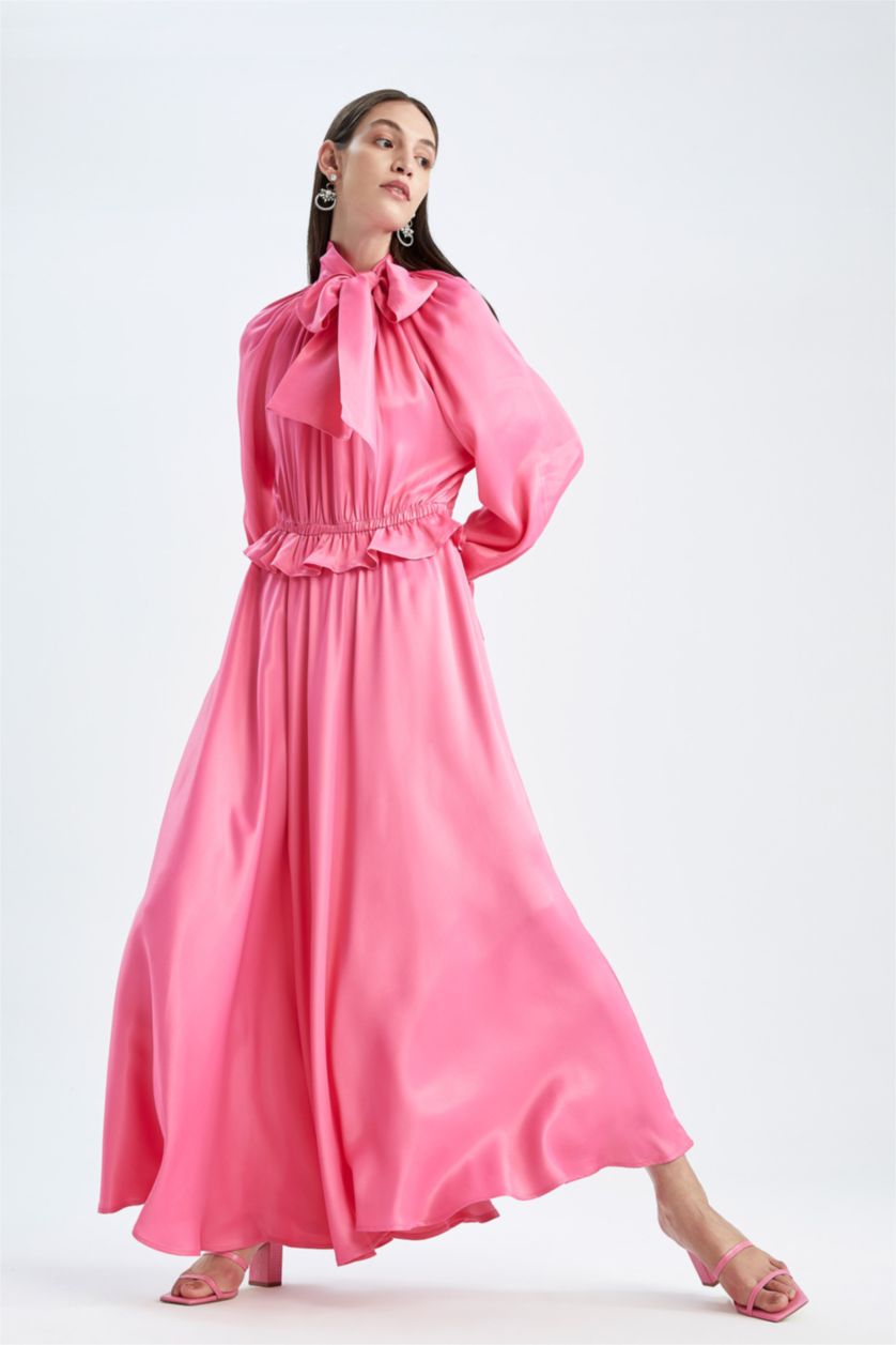 FEMME Rose Robe Tissée À Manches Longues Satinette Col montant