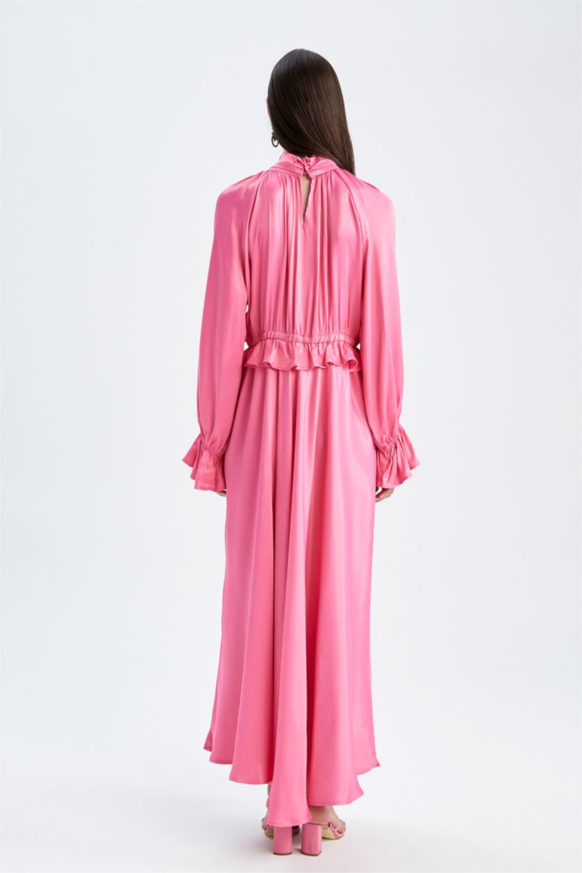 FEMME Rose Robe Tissée À Manches Longues Satinette Col montant