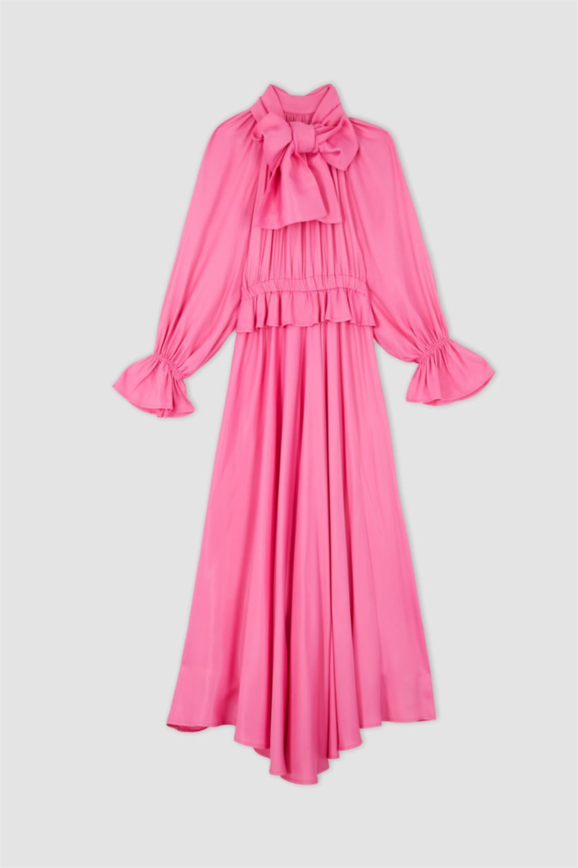 FEMME Rose Robe Tissée À Manches Longues Satinette Col montant