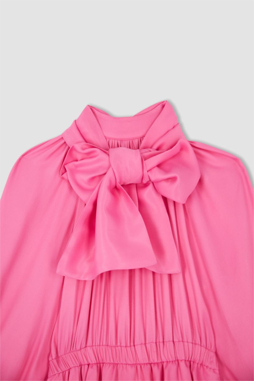 FEMME Rose Robe Tissée À Manches Longues Satinette Col montant