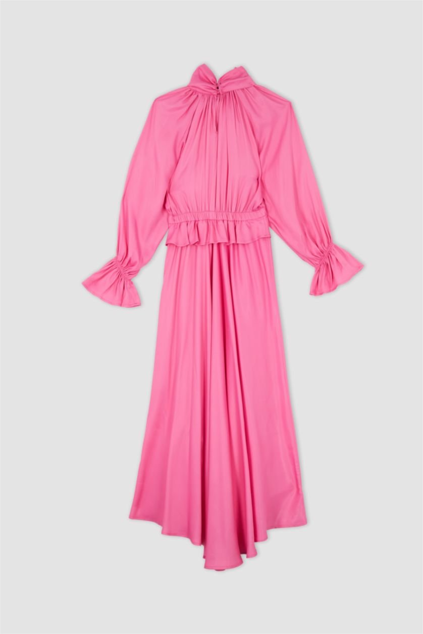 FEMME Rose Robe Tissée À Manches Longues Satinette Col montant