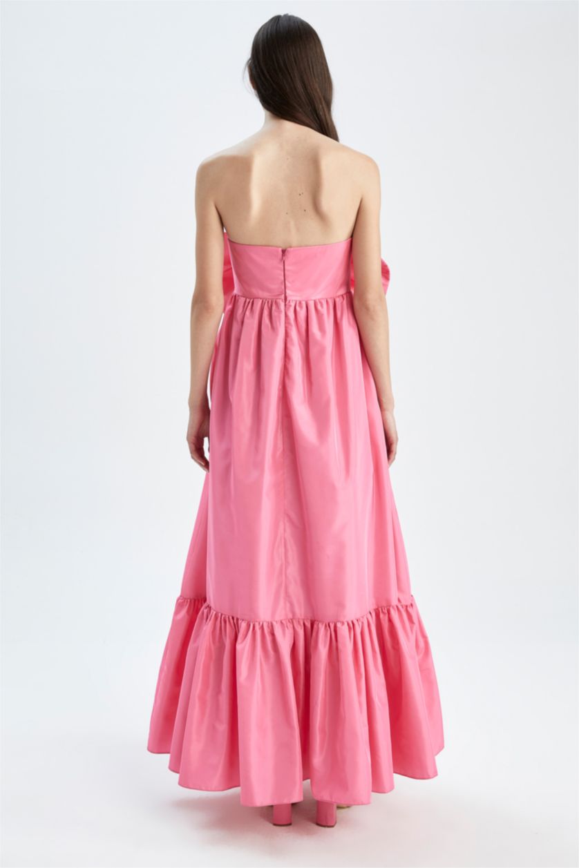 Kadın Pembe Nihan Peker Tasarım Volanlı Straplez Yakası Fiyonk Detaylı Maxi Elbise