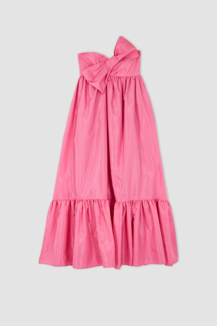 Kadın Pembe Nihan Peker Tasarım Volanlı Straplez Yakası Fiyonk Detaylı Maxi Elbise