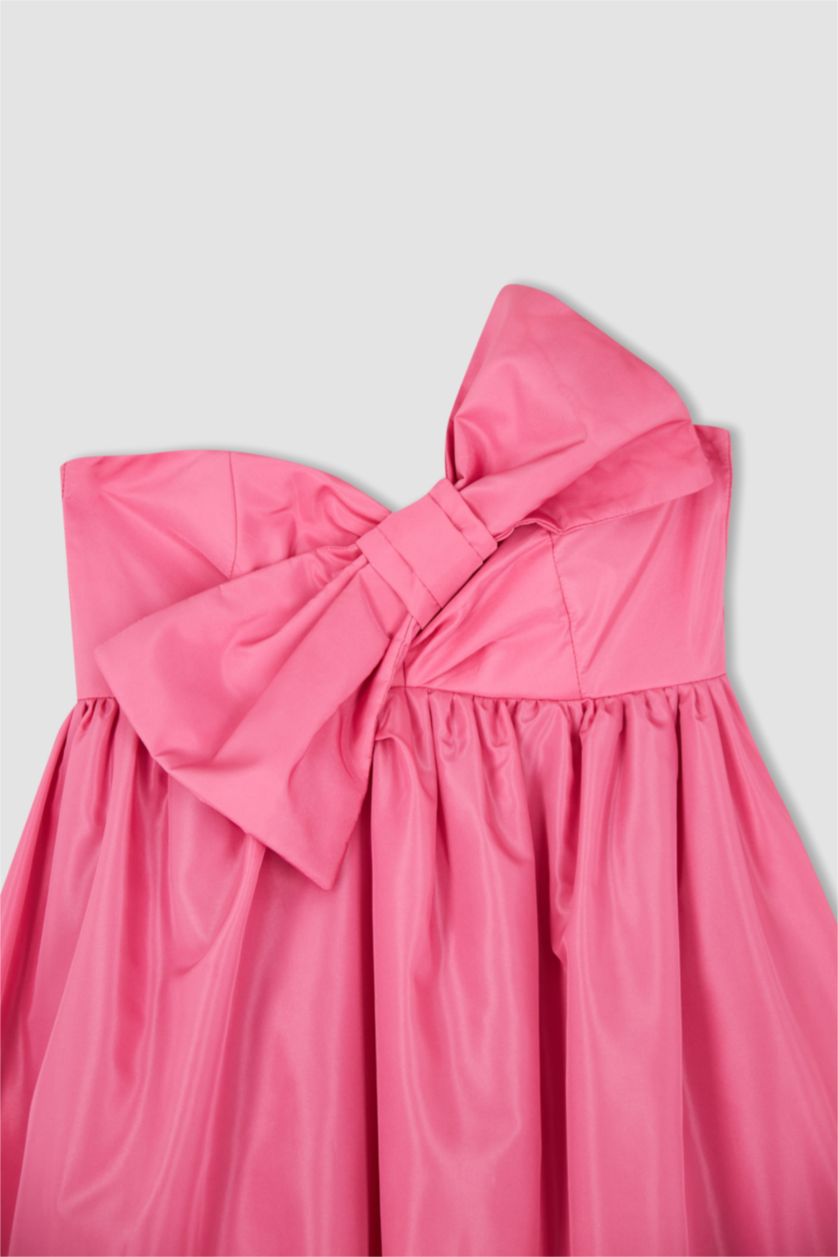 Kadın Pembe Nihan Peker Tasarım Volanlı Straplez Yakası Fiyonk Detaylı Maxi Elbise