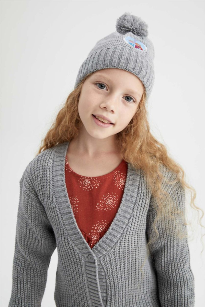 FILLES Gris Bonnet en tricot Frozen avec pompon pour fille